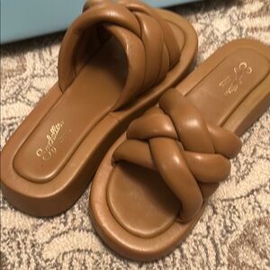 Women's Tan Leather Braided Slide Sandals